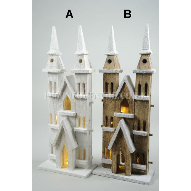 Lumineo 52cm 10 LED Warm White Wooden Church Twin Towers