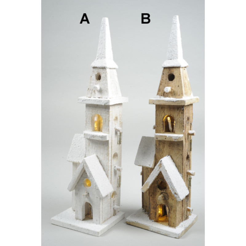 Lumineo 40cm 10 LED Warm White Wooden Chapel Single Tower