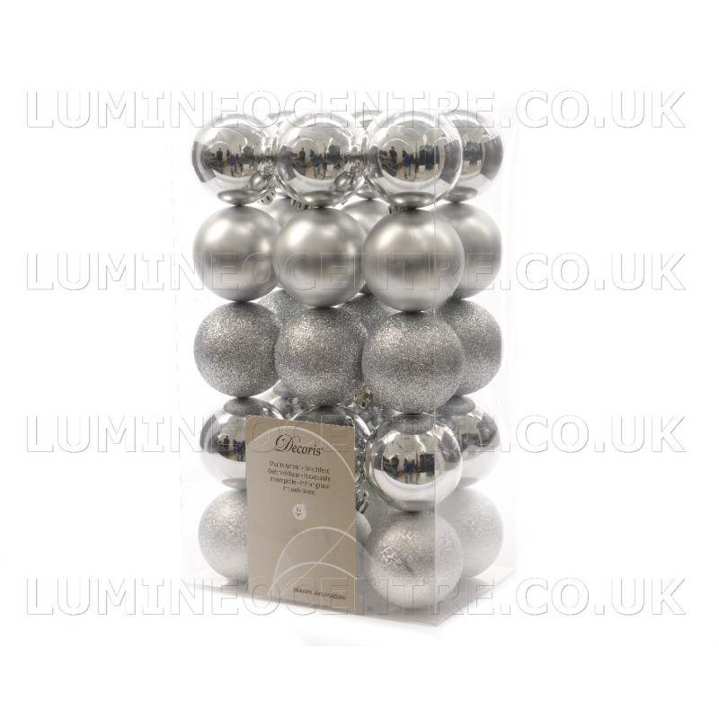 Decoris 60cm Assorted Silver Shatterproof Baubles  Pack of 30