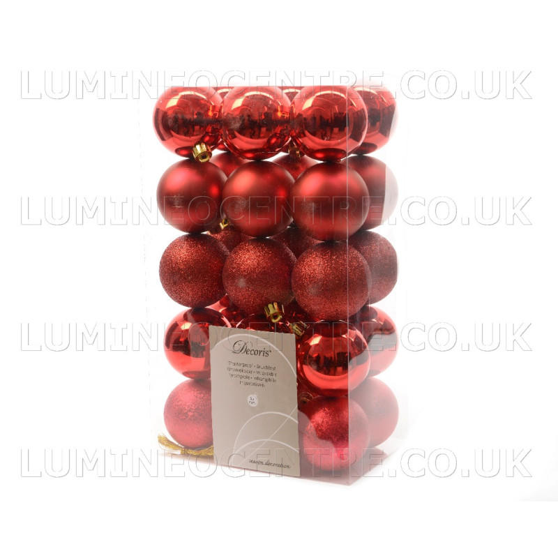 Decoris 60cm Assorted Red Shatterproof Baubles  Pack of 30