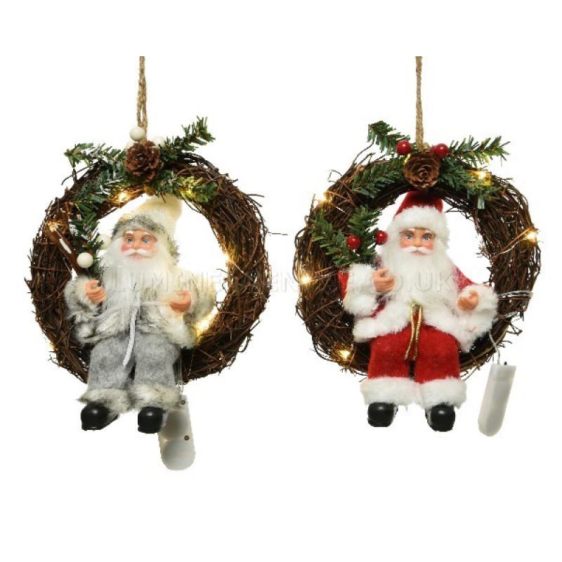 Lumineo Warm White Lit Santa in a Wreath Hanging Decoration