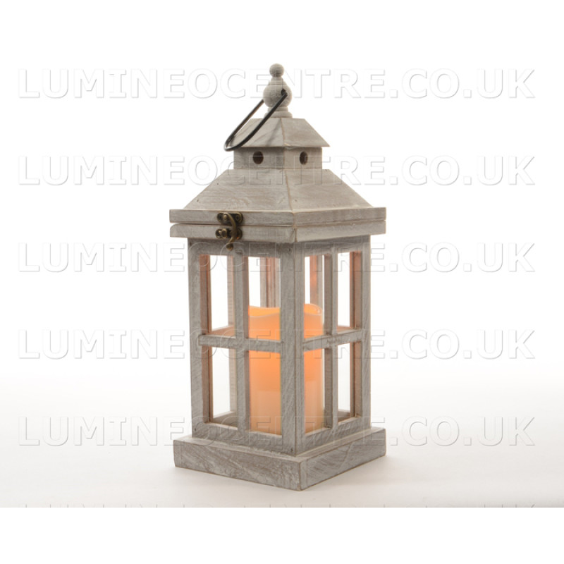 Lumineo Limed Wood Effect 36cm Flame LED Lantern