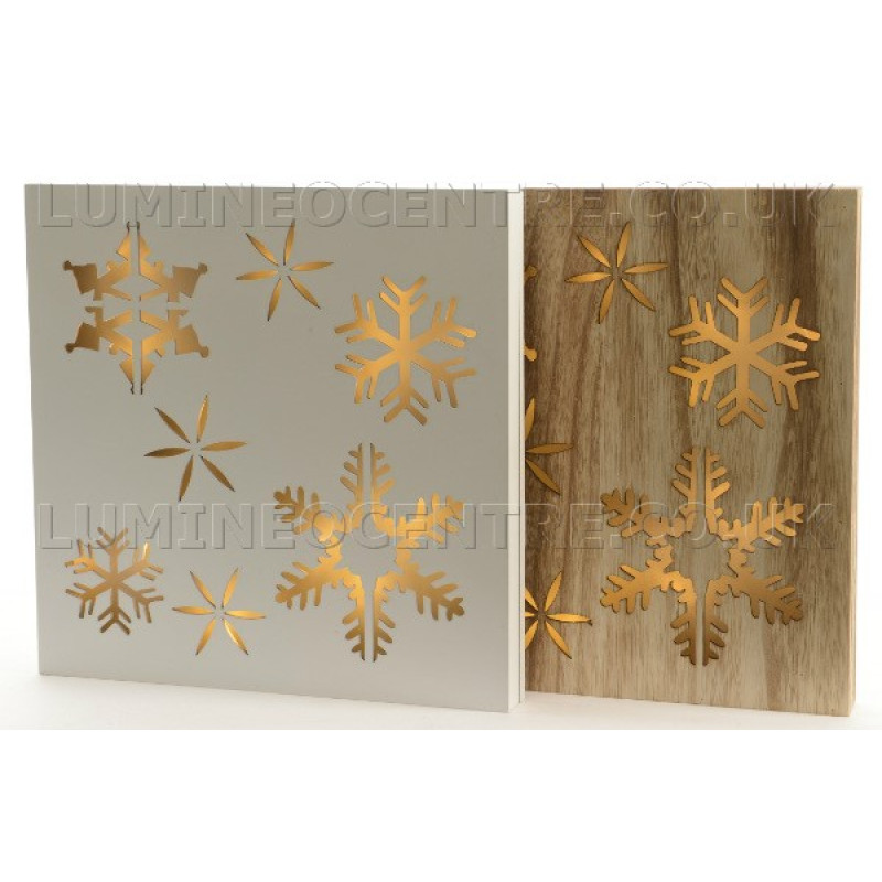 Lumineo Wooden Snow Flakes LED Wall Plaques in Natural Wood or White Finish