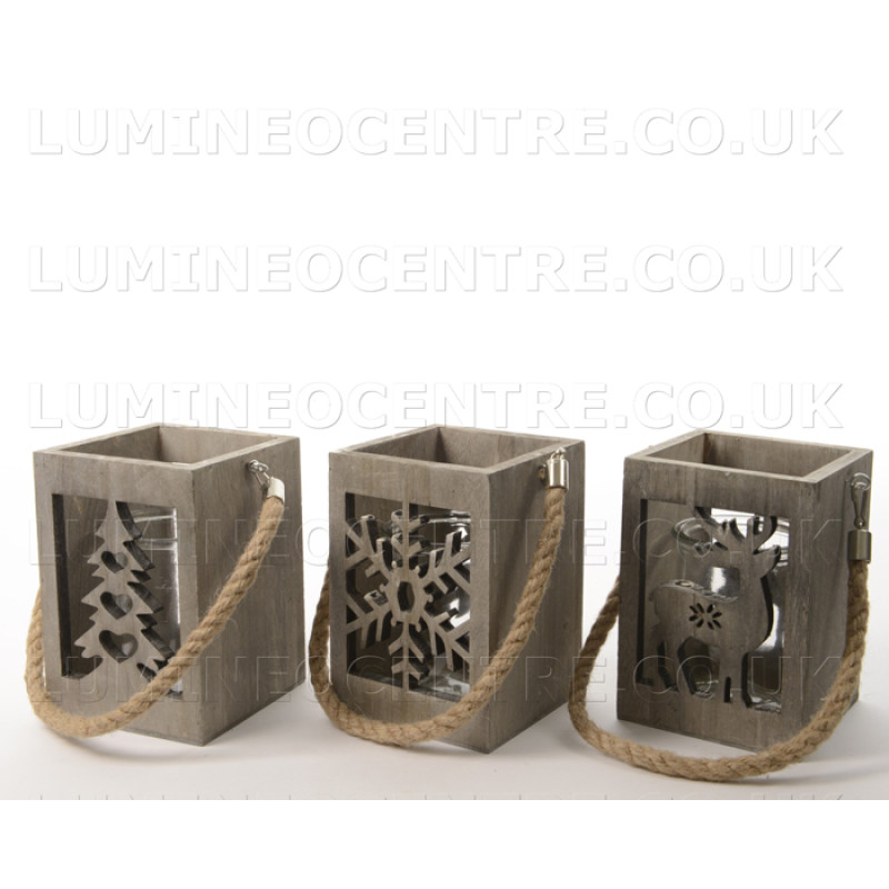Lumineo Grey Wood Lantern with Glass Tea Light Container