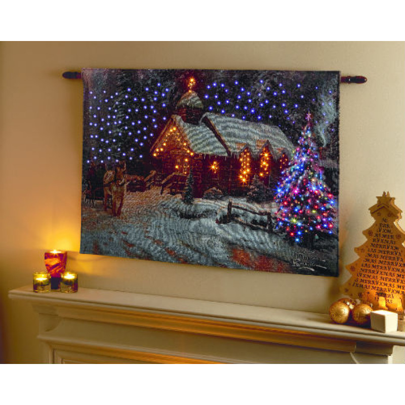 Church with horse and sleigh snow scene LED tapestry