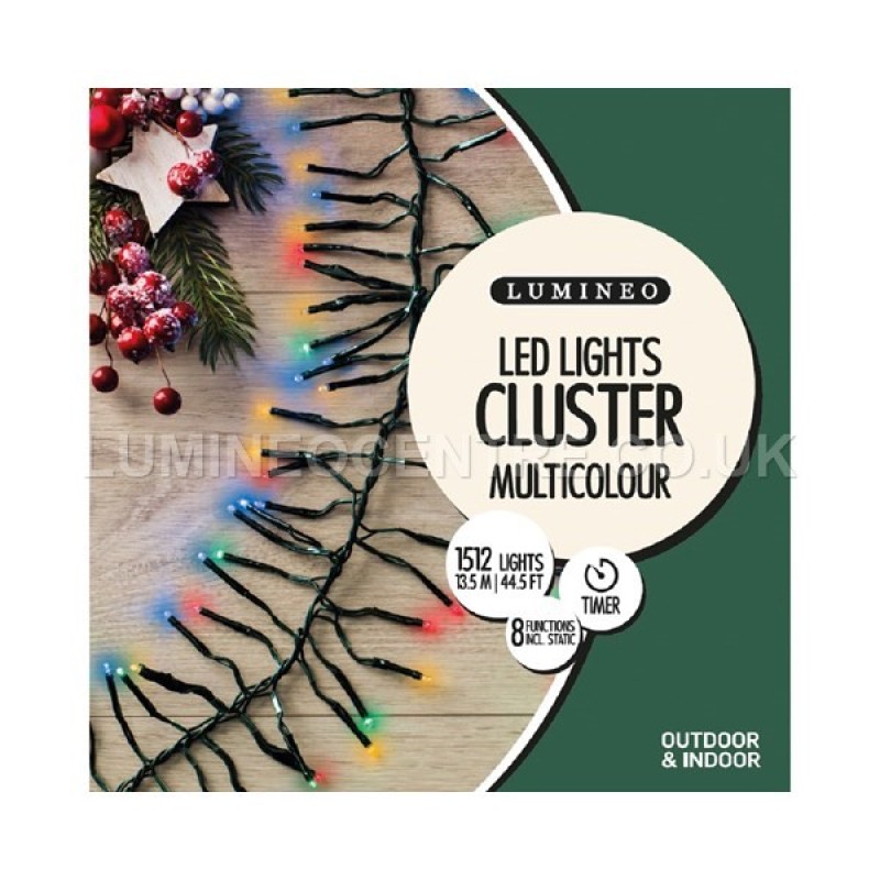 Lumineo 1512 LED Christmas Cluster Lights - 44.5 Feet Multi-Colored Green Wire Holiday Decor