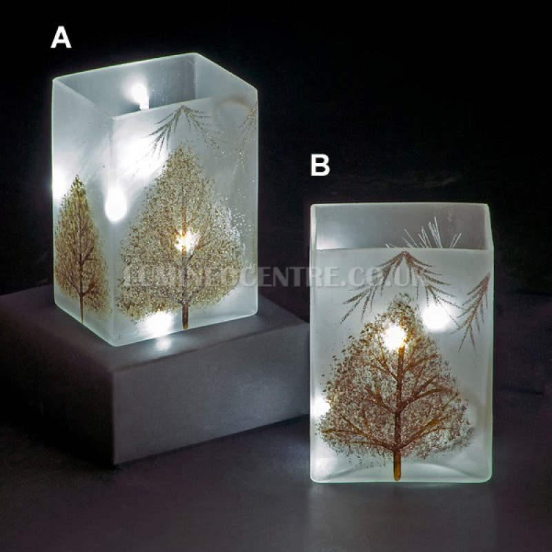 Snowtime 10 LED Ice White  Illuminated Glass Glitter Trees Scene on a 14.6cm Lit Square Glass Vase