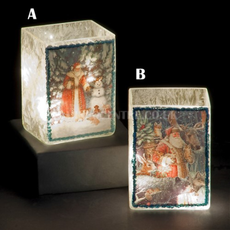 Snowtime 10 LED Warm White  Illuminated Glass Santa Scene on a 14.6cm Lit Square Glass Vase