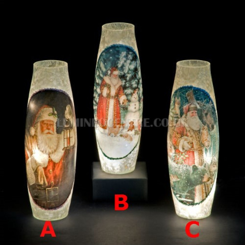 Snowtime 20 LED Warm White  Illuminated Glass Santa Scene on a 39cm Lit Slim Glass Vase