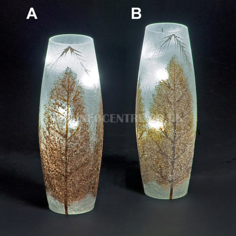 Snowtime 10 LED Ice White  Illuminated Glass Glitter Trees Scene on a 29.8cm Lit Slim Glass Vase