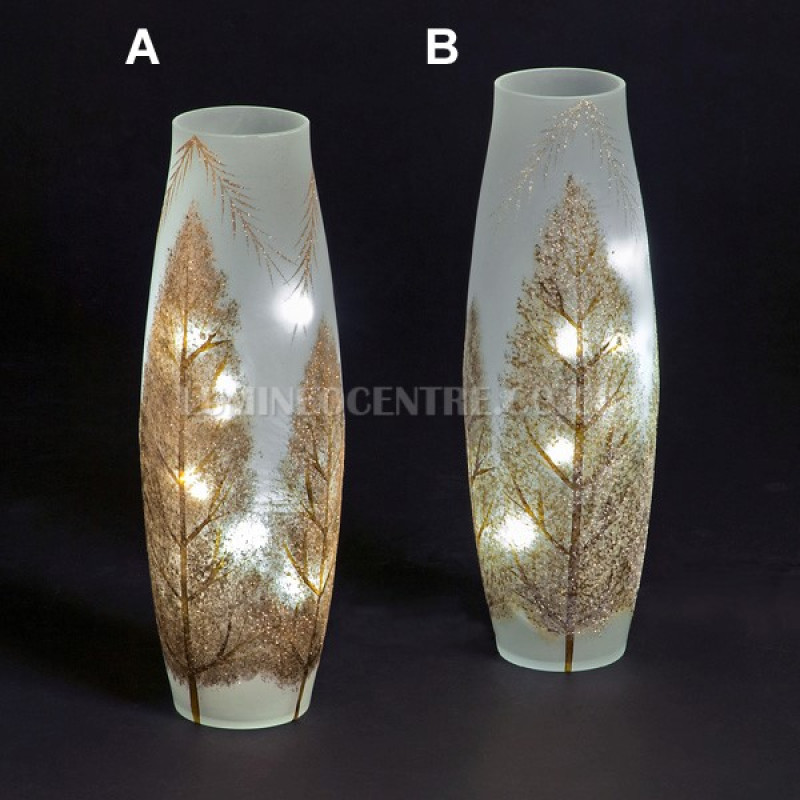 Snowtime 20 LED Ice White  Illuminated Glass Glitter Trees Scene on a 39cm Lit Slim Glass Vase