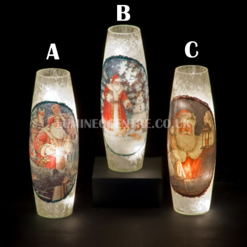 Snowtime 10 LED Warm White  Illuminated Glass Santa Scene on a 29.8cm Lit Slim Glass Vase