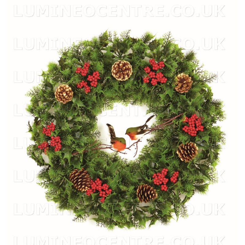Premier 60cm Plastic Decorated Wreath With Winter Robins