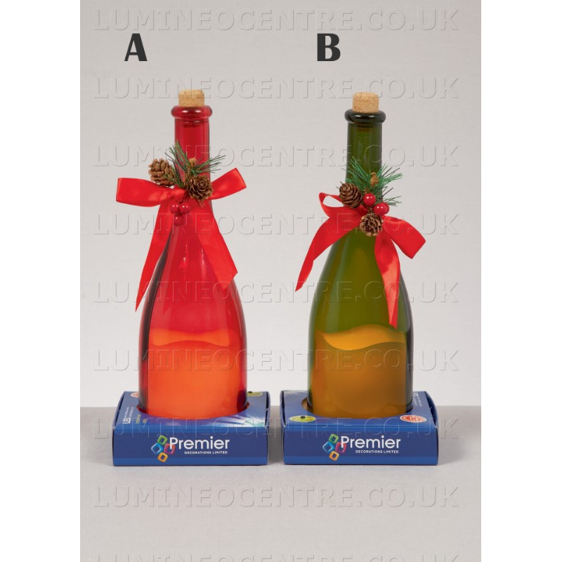 Premier 27.5cm Lit Green or Orange Glass Bottle with Pine Cones Ribbon