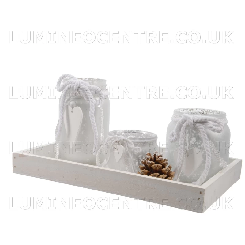 Lumineo Decorative Glass Tea Light Holder Set on Wooden Tray Lumineo Decorative Glass Tea Light Holder Set on Wooden Tray